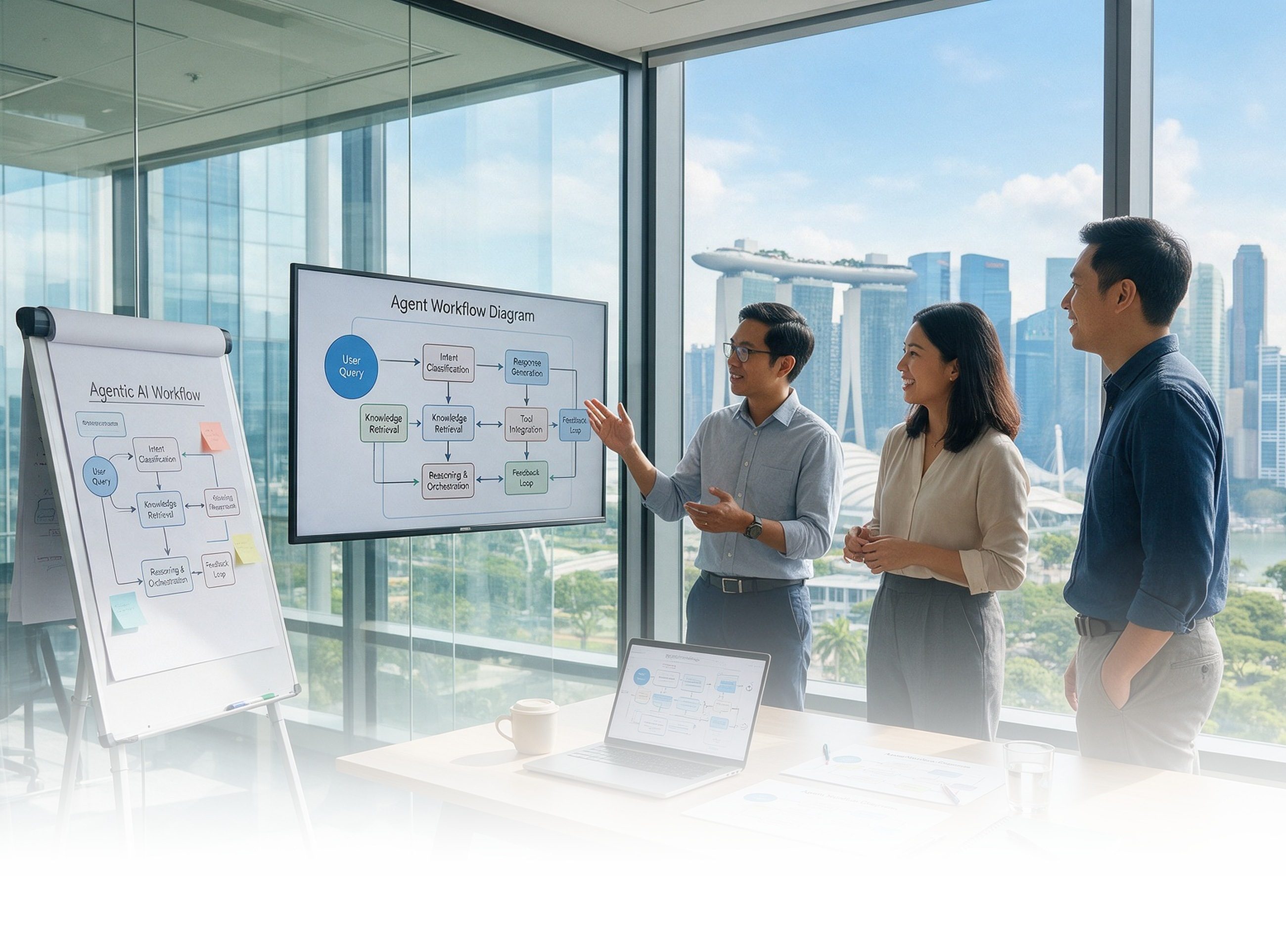 Three colleagues discussing an agent workflow diagram on a screen in a glass-walled office