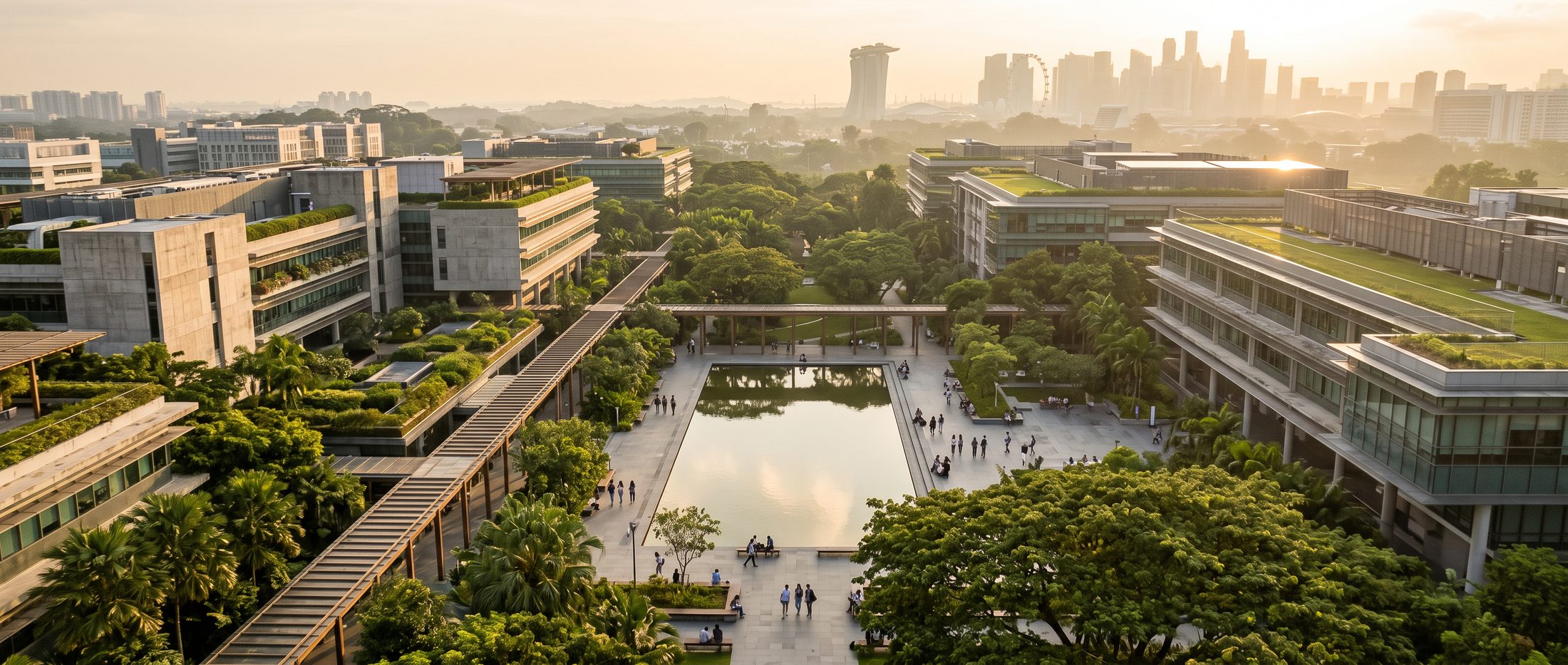 Aerial view of a modern university campus at golden hour