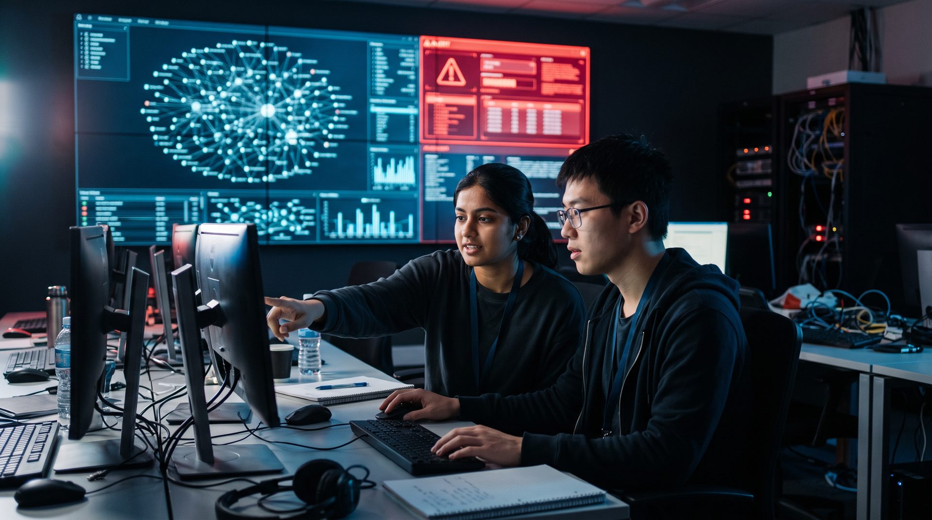 Two cybersecurity students working in a dim security operations lab