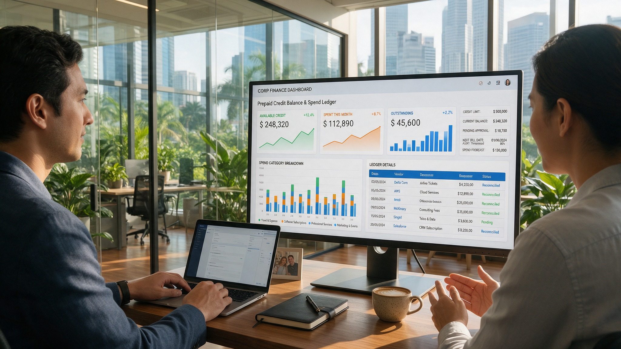 Two students reviewing a finance dashboard on a large screen
