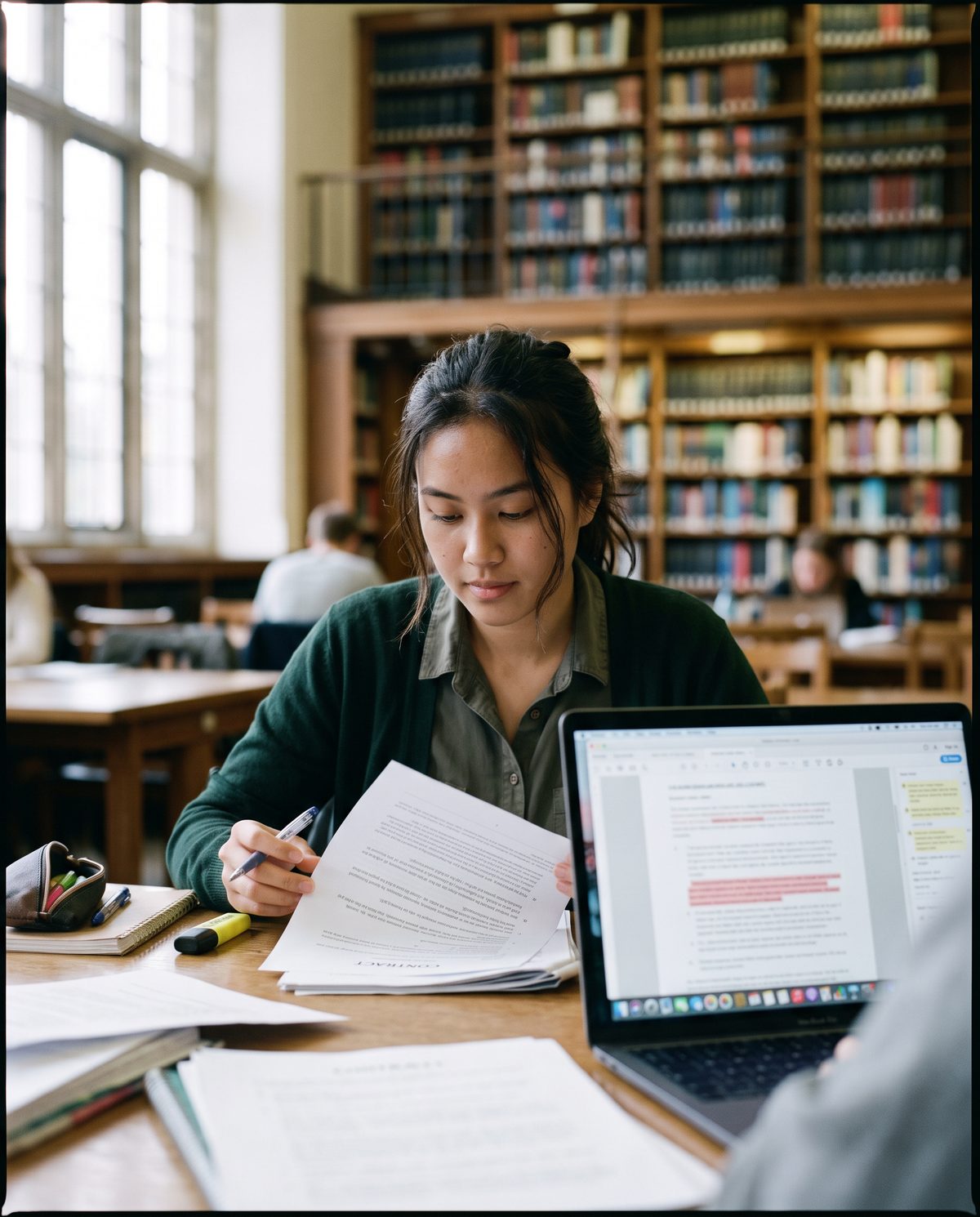 A law student reviewing a contract beside a laptop in a university library