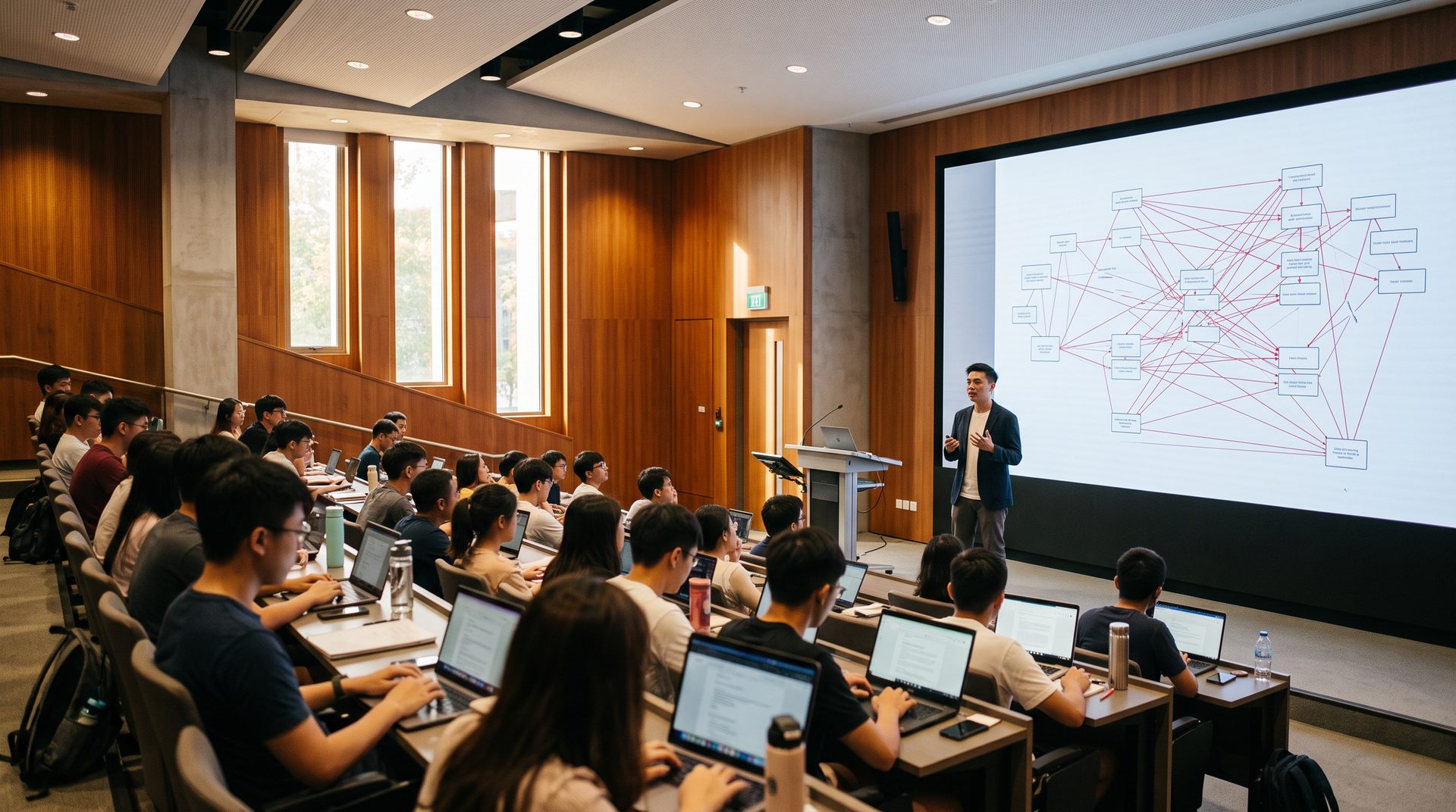 A lecturer in a modern lecture theatre beside a screen showing an agent workflow diagram