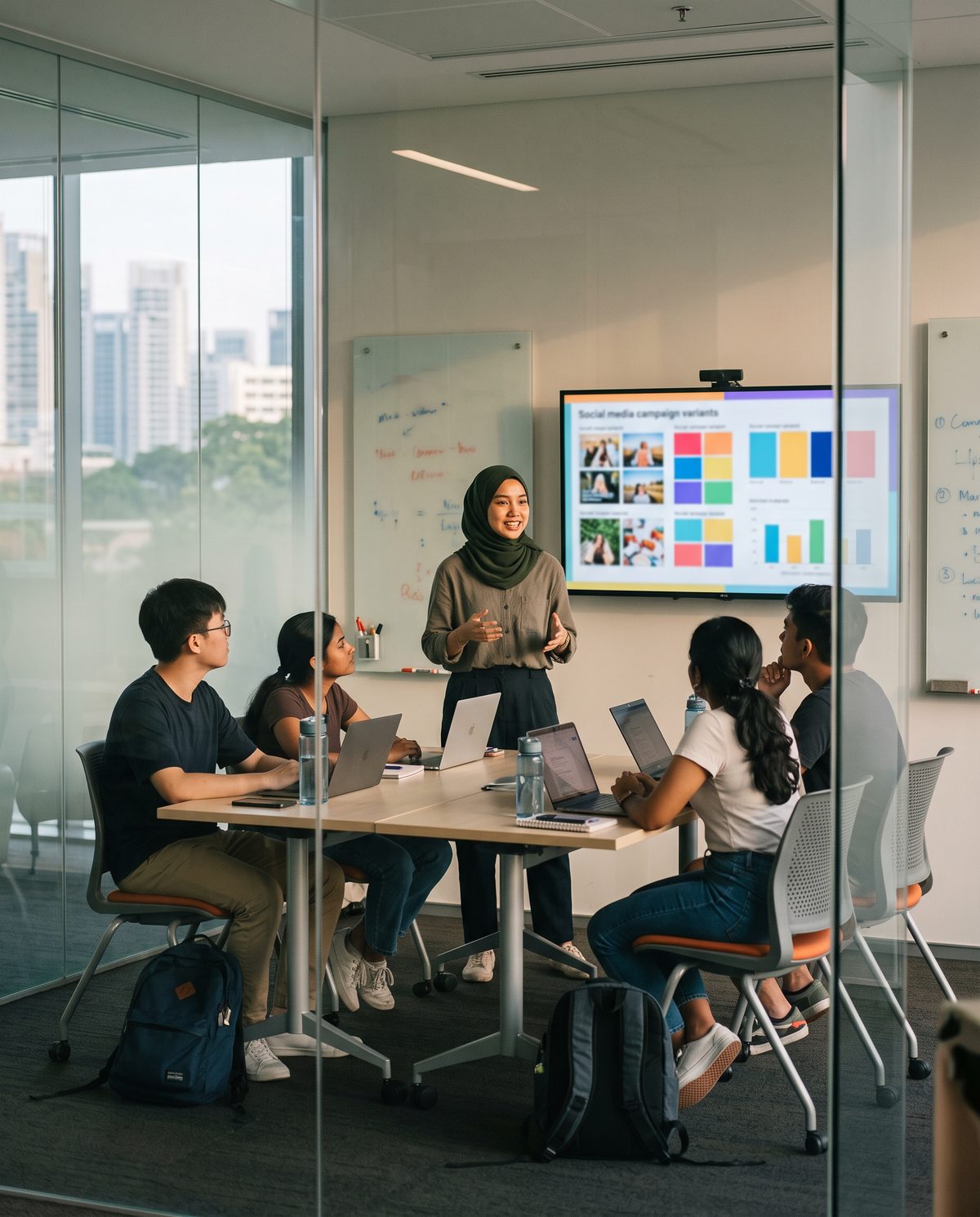 A marketing student presenting campaign variants on a large display