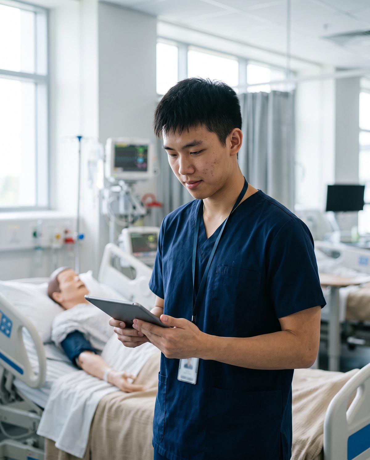 A nursing student in scrubs reading a patient summary on a tablet in a simulation ward