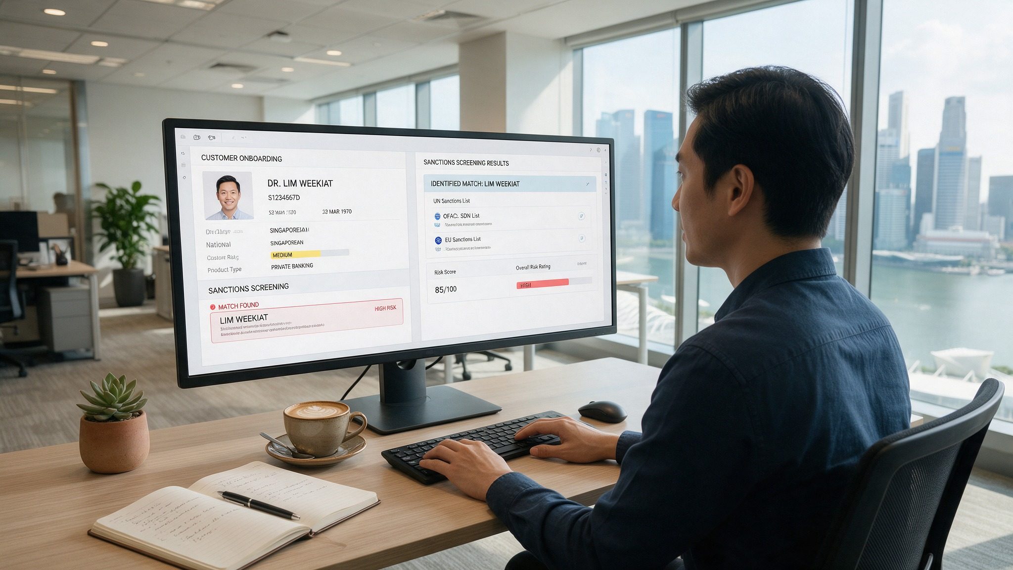 A student at a desk working through a customer onboarding and sanctions screening lab