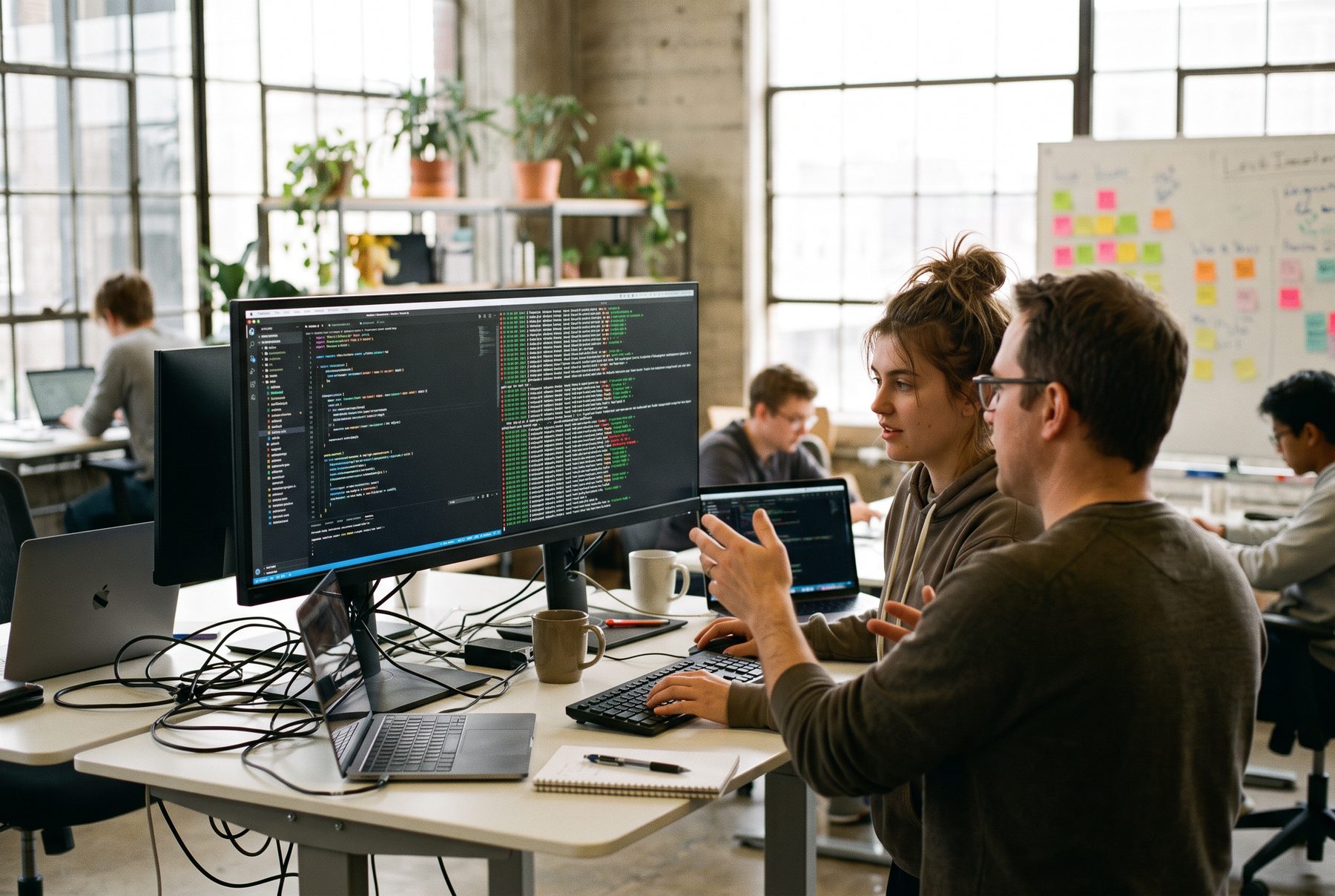 A student and a mentor pair programming at a standing desk with an agent trace log on screen