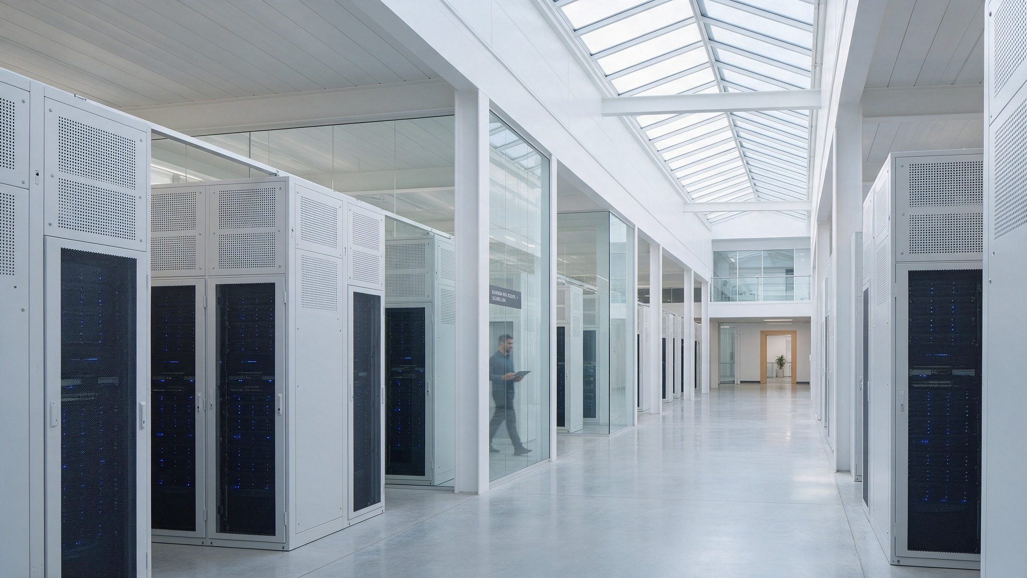A corridor of server racks in a modern data centre